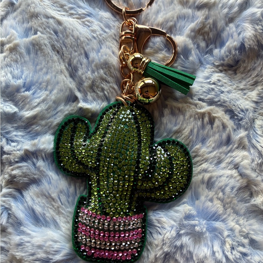Sparkling Green and Pink Cactus Keychain